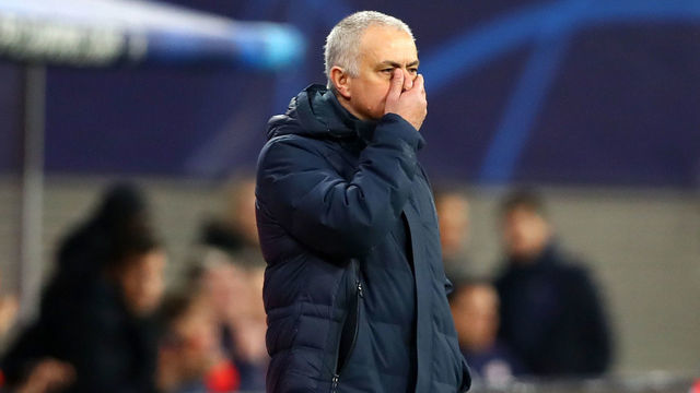 LEIPZIG, GERMANY - MARCH 10: Jose Mourinho, Manager of Tottenham Hotspur reacts during the UEFA Champions League round of 16 second leg match between RB Leipzig and Tottenham Hotspur at Red Bull Arena on March 10, 2020 in Leipzig, Germany.