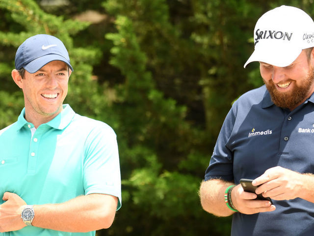 PEBBLE BEACH, CALIFORNIA - JUNE 11: (L-R) Rory McIlroy of Northern Ireland laughs with Shane Lowry of Northern Ireland during a practice round prior to the 2019 U.S. Open at Pebble Beach Golf Links on June 11, 2019 in Pebble Beach, California.