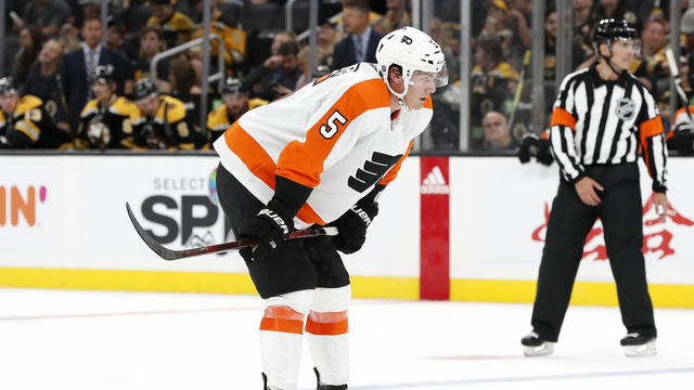 BOSTON, MA - SEPTEMBER 23: Philadelphia Flyers defenseman Phillippe Myers (5) waits for an offensive zone face off during a preseason game between the Boston Bruins and the Philadelphia Flyers on September 23, 2019, at TD Garden in Boston, Massachusetts.