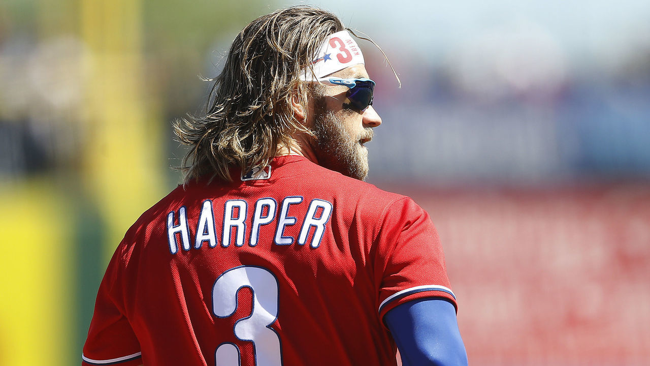 CLEARWATER, FLORIDA - MARCH 07: Bryce Harper #3 of the Philadelphia Phillies looks on against the Boston Red Sox during the second inning of a Grapefruit League spring training game on March 07, 2020 in Clearwater, Florida.
