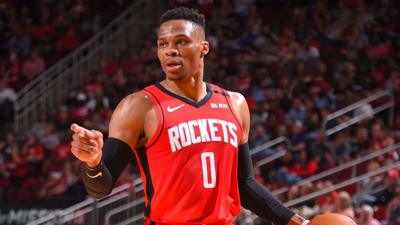 HOUSTON, TX - MARCH 10: Russell Westbrook #0 of the Houston Rockets handles the ball against the Minnesota Timberwolves on March 10, 2020 at the Toyota Center in Houston, Texas. Mandatory Copyright Notice: Copyright 2020 NBAE