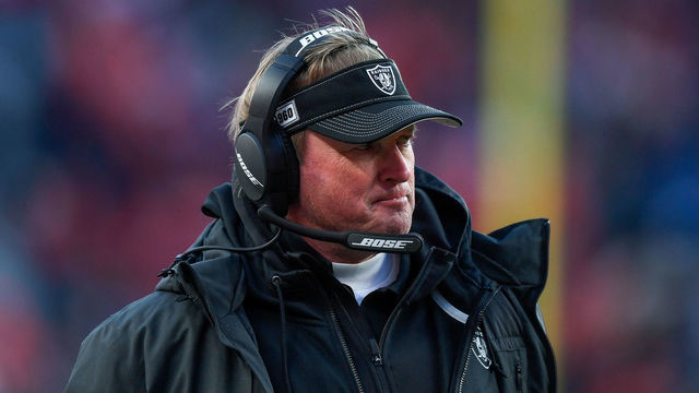 DENVER, CO - DECEMBER 29: Head coach Jon Gruden of the Oakland Raiders looks on from the sideline during a game against the Denver Broncos at Empower Field at Mile High on December 29, 2019 in Denver, Colorado.