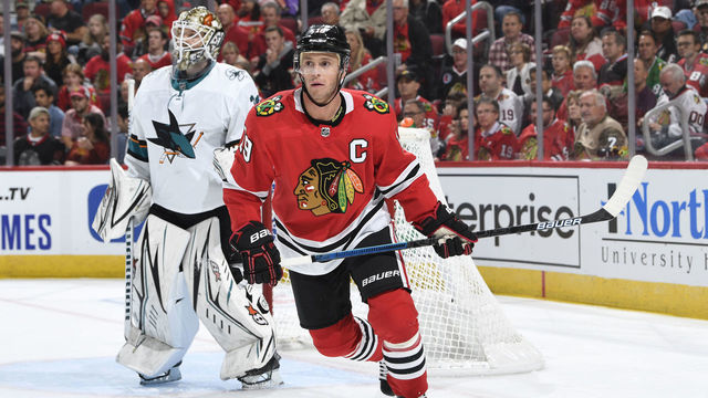 CHICAGO, IL - OCTOBER 10: Jonathan Toews #19 of the Chicago Blackhawks skates in the first period against the San Jose Sharks at the United Center on October 10, 2019 in Chicago, Illinois. The San Jose Sharks defeated the Chicago Blackhawks 5-4.