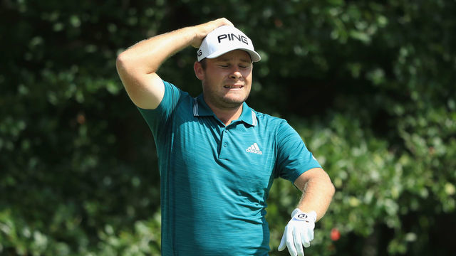 NORTON, MA - SEPTEMBER 02: Tyrrell Hatton of England reacts to his shot from the fourth tee during round three of the Dell Technologies Championship at TPC Boston on September 2, 2018 in Norton, Massachusetts.
