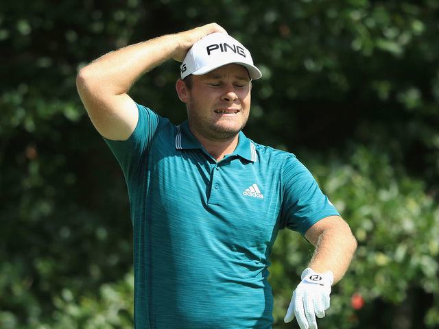 NORTON, MA - SEPTEMBER 02: Tyrrell Hatton of England reacts to his shot from the fourth tee during round three of the Dell Technologies Championship at TPC Boston on September 2, 2018 in Norton, Massachusetts.