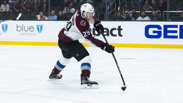 LOS ANGELES, CA - MARCH 09: Colorado Avalanche center Nathan MacKinnon (29) shoots on net during the NHL regular season hockey game against the Los Angeles Kings on Monday, March 9, 2020 at Staples Center in Los Angeles, Calif.