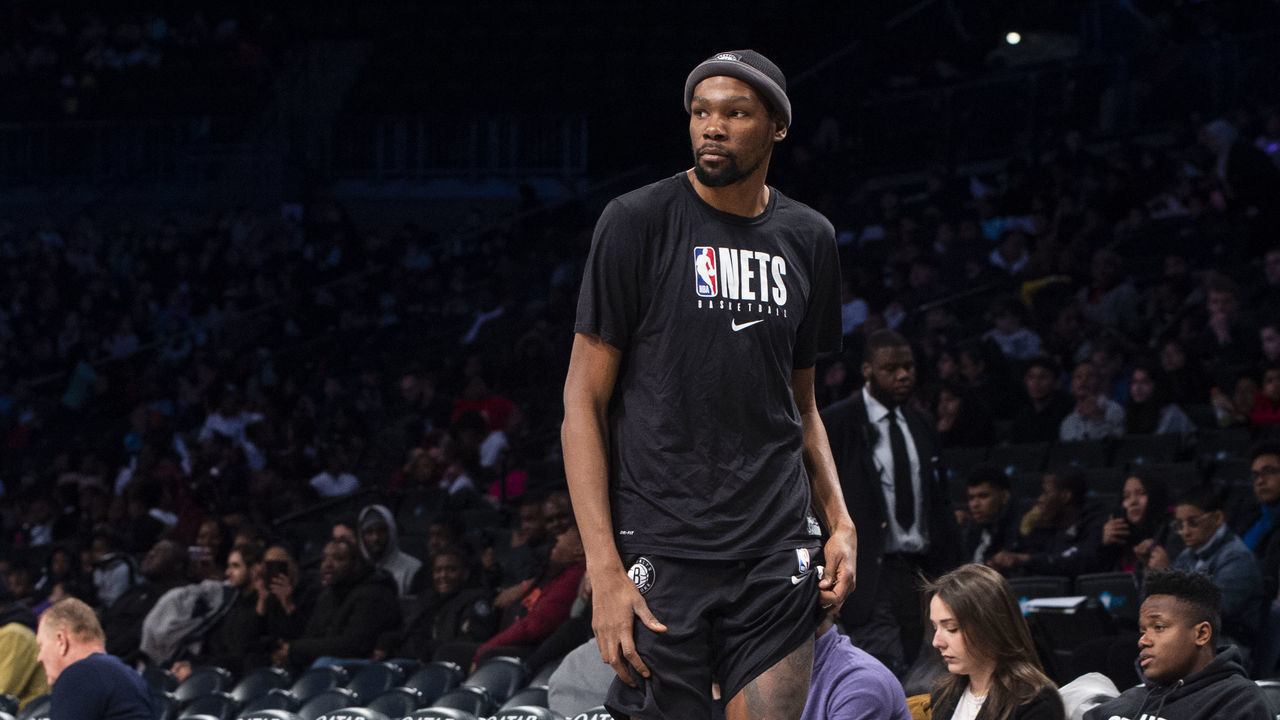 BROOKLYN, NY - JANUARY 29: Kevin Durant #7 of the Brooklyn Nets walks the sidelines during a timeout as the Long Island Nets take on the Capital City Go-Go during an NBA G League game on January 29, 2020 at Barclays Center in Brooklyn, New York. Mandatory Copyright Notice: Copyright 2020 NBAE