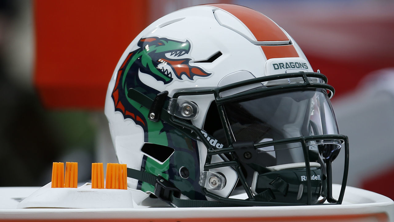 HOUSTON, TEXAS - MARCH 07: Seattle Dragons helmet sits on the sidelines during a XFL game against the Houston Roughnecks at TDECU Stadium on March 07, 2020 in Houston, Texas.
