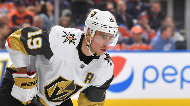EDMONTON, AB - MARCH 9: Reilly Smith #19 of the Vegas Golden Knights lines up for a face off during the game against the Edmonton Oilers on March 9, 2020, at Rogers Place in Edmonton, Alberta, Canada.