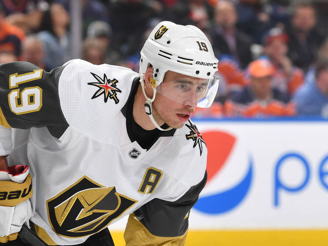 EDMONTON, AB - MARCH 9: Reilly Smith #19 of the Vegas Golden Knights lines up for a face off during the game against the Edmonton Oilers on March 9, 2020, at Rogers Place in Edmonton, Alberta, Canada.