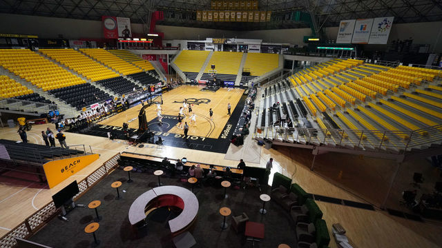 LONG BEACH, CA - MARCH 10: The Long Beach State and Cal Poly women"u2019s basketball teams play in an empty Walter Pyramid in the Big West tournament in Long Beach on Tuesday, March 10, 2020. Fears over the coronavirus have forced tournament organizers to ban fans from the games this week.