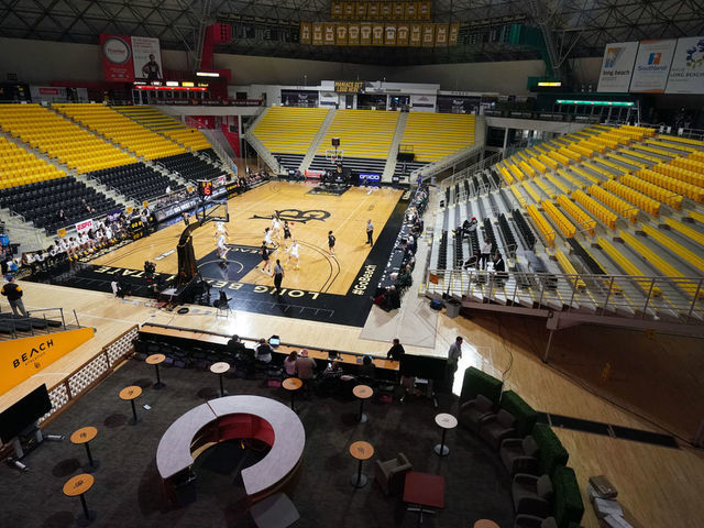 LONG BEACH, CA - MARCH 10: The Long Beach State and Cal Poly women"u2019s basketball teams play in an empty Walter Pyramid in the Big West tournament in Long Beach on Tuesday, March 10, 2020. Fears over the coronavirus have forced tournament organizers to ban fans from the games this week.