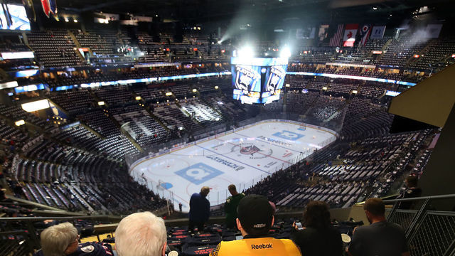 COLUMBUS - MAY 2: Fans sit in Nationwide Arena in Columbus, OH, on May 2, 2019. The Columbus Blue Jackets hosted the Boston Bruins in Game 4 of the Eastern Conference semifinals at Nationwide Arena in Columbus, OH on May 2, 2019.