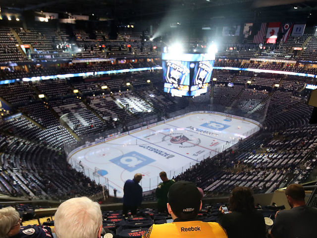 COLUMBUS - MAY 2: Fans sit in Nationwide Arena in Columbus, OH, on May 2, 2019. The Columbus Blue Jackets hosted the Boston Bruins in Game 4 of the Eastern Conference semifinals at Nationwide Arena in Columbus, OH on May 2, 2019.