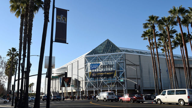 A general exterior view of the SAP Center with a Super Bowl 50 banner hanging at the entrance prior to the Super Bowl 50 Opening Night at SAP Center in San Jose, CA.