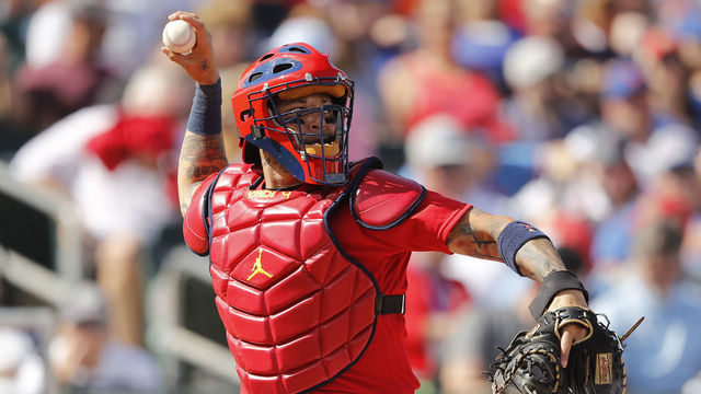 JUPITER, FLORIDA - FEBRUARY 22: Yadier Molina #4 of the St. Louis Cardinals in action against the New York Mets of a Grapefruit League spring training game at Roger Dean Stadium on February 22, 2020 in Jupiter, Florida.