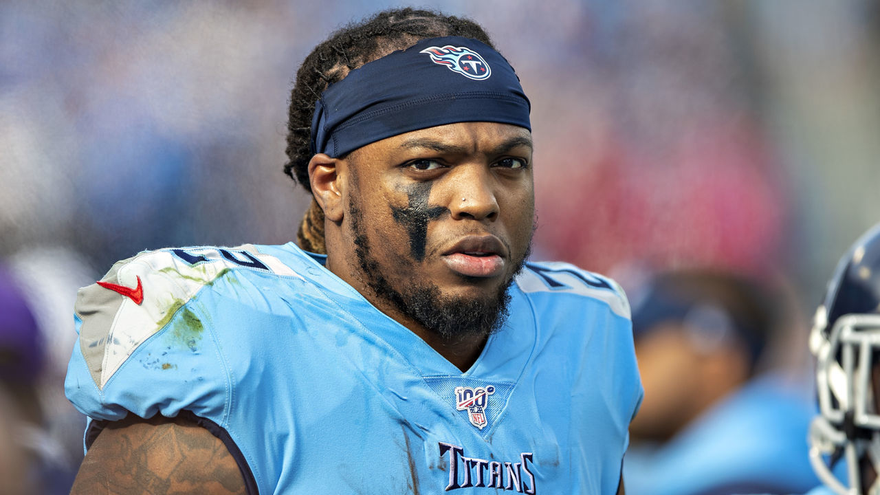 NASHVILLE, TN - DECEMBER 15: Derrick Henry #22 of the Tennessee Titans on the sidelines during a game against the Houston Texans at Nissan Stadium on December 15, 2019 in Nashville, Tennessee. The Texans defeated the Titans 24-21.