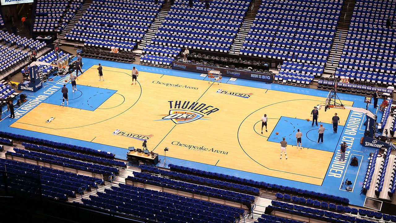 OKLAHOMA CITY, OK - APRIL 21: General view as players and coaches practice on the court before Game One of the Western Conference Quarterfinals of the 2013 NBA Playoffs between the Houston Rockets and the Oklahoma City Thunder at Chesapeake Energy Arena on April 21, 2013 in Oklahoma City, Oklahoma.