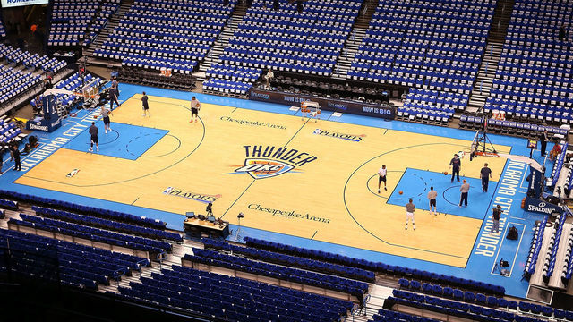 OKLAHOMA CITY, OK - APRIL 21: General view as players and coaches practice on the court before Game One of the Western Conference Quarterfinals of the 2013 NBA Playoffs between the Houston Rockets and the Oklahoma City Thunder at Chesapeake Energy Arena on April 21, 2013 in Oklahoma City, Oklahoma.