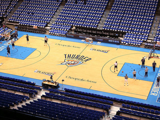OKLAHOMA CITY, OK - APRIL 21: General view as players and coaches practice on the court before Game One of the Western Conference Quarterfinals of the 2013 NBA Playoffs between the Houston Rockets and the Oklahoma City Thunder at Chesapeake Energy Arena on April 21, 2013 in Oklahoma City, Oklahoma.