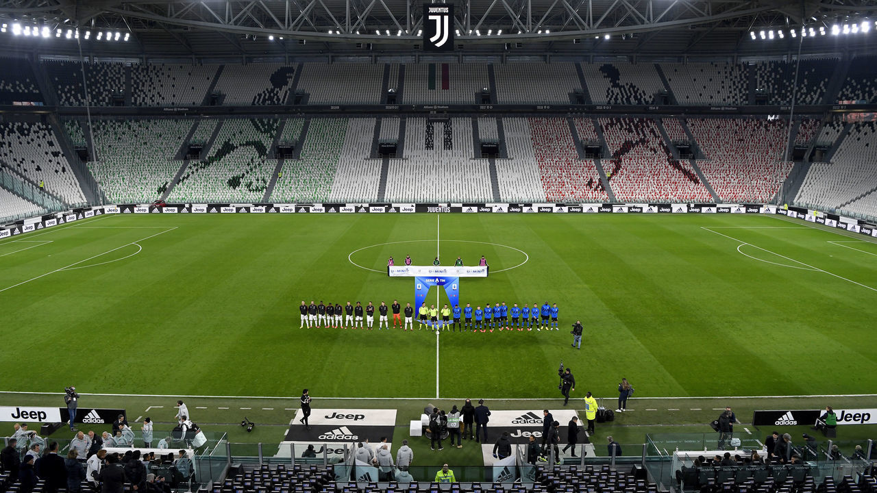 TURIN, ITALY - MARCH 08: Juventus' and FC Internazionale players line up prior to the Serie A match between Juventus and FC Internazionale at Allianz Stadium played behind closed doors after rules to limit the spread of Covid-19 have been put in place on March 8, 2020 in Turin, Italy.