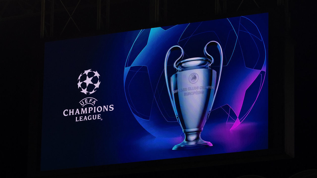 Uefa Champions League logo during the UEFA Champions League 2019/2020 Group Stage Match between FC Internazionale Milan and FC Barcelona at Stadio Giuseppe Meazza San Sito on Dicember 10, 2019 in Milano, Italy.