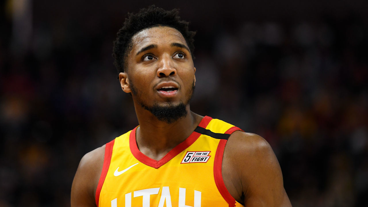 SALT LAKE CITY, UT - MARCH 09: Donovan Mitchell #45 of the Utah Jazz looks on during a game against the Toronto Raptors at Vivint Smart Home Arena on March 9, 2020 in Salt Lake City, Utah. NOTE TO USER: User expressly acknowledges and agrees that, by downloading and/or using this photograph, user is consenting to the terms and conditions of the Getty Images License Agreement.