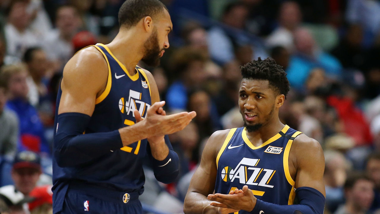 NEW ORLEANS, LOUISIANA - JANUARY 06: Donovan Mitchell #45 of the Utah Jazz and Rudy Gobert #27 talk against the New Orleans Pelicans during a game at the Smoothie King Center on January 06, 2020 in New Orleans, Louisiana.