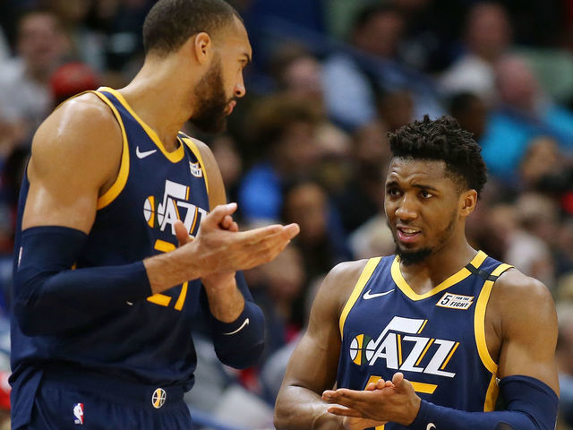 NEW ORLEANS, LOUISIANA - JANUARY 06: Donovan Mitchell #45 of the Utah Jazz and Rudy Gobert #27 talk against the New Orleans Pelicans during a game at the Smoothie King Center on January 06, 2020 in New Orleans, Louisiana.