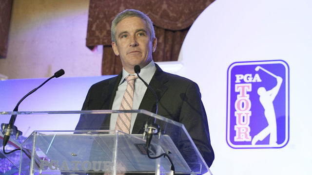 PONTE VEDRA BEACH, FL - JANUARY 19: PGA TOUR Commissioner Jay Monahan addresses the media and employees during the PGA TOUR Global Home press conference at TPC Sawgrass on January 19, 2018 in Ponte Vedra Beach, Florida. The PGA TOUR unveiled the plans for a new 187,000 square-foot headquarters, which is expected to be completed in 2020.