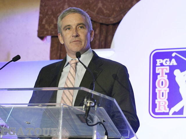 PONTE VEDRA BEACH, FL - JANUARY 19: PGA TOUR Commissioner Jay Monahan addresses the media and employees during the PGA TOUR Global Home press conference at TPC Sawgrass on January 19, 2018 in Ponte Vedra Beach, Florida. The PGA TOUR unveiled the plans for a new 187,000 square-foot headquarters, which is expected to be completed in 2020.