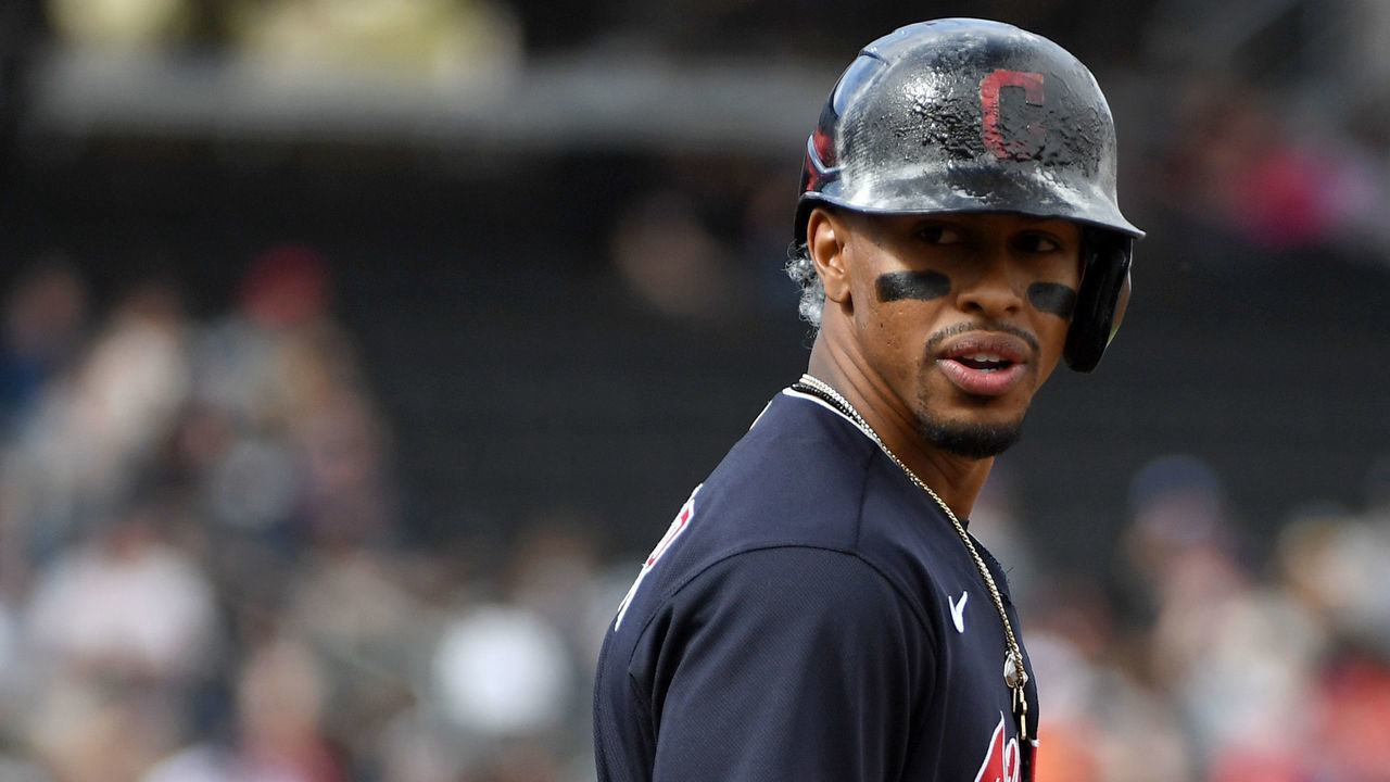 LAS VEGAS, NEVADA - FEBRUARY 29: Francisco Lindor #12 of the Cleveland Indians stands on first base after getting a hit against the Oakland Athletics during their exhibition game at Las Vegas Ballpark on February 29, 2020 in Las Vegas, Nevada. The Athletics defeated the Indians 8-6.