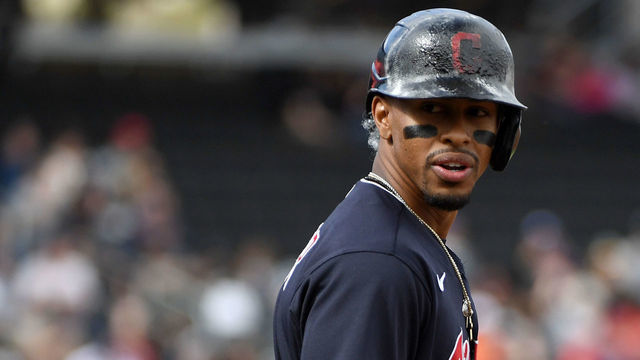 LAS VEGAS, NEVADA - FEBRUARY 29: Francisco Lindor #12 of the Cleveland Indians stands on first base after getting a hit against the Oakland Athletics during their exhibition game at Las Vegas Ballpark on February 29, 2020 in Las Vegas, Nevada. The Athletics defeated the Indians 8-6.