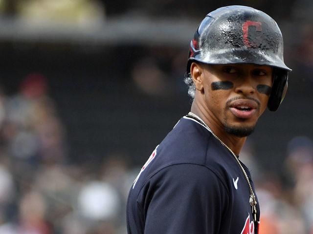 LAS VEGAS, NEVADA - FEBRUARY 29: Francisco Lindor #12 of the Cleveland Indians stands on first base after getting a hit against the Oakland Athletics during their exhibition game at Las Vegas Ballpark on February 29, 2020 in Las Vegas, Nevada. The Athletics defeated the Indians 8-6.