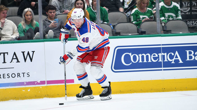 DALLAS, TX - MARCH 10: Brendan Lemieux #48 of the New York Rangers handles the puck against the Dallas Stars at the American Airlines Center on March 10, 2020 in Dallas, Texas.