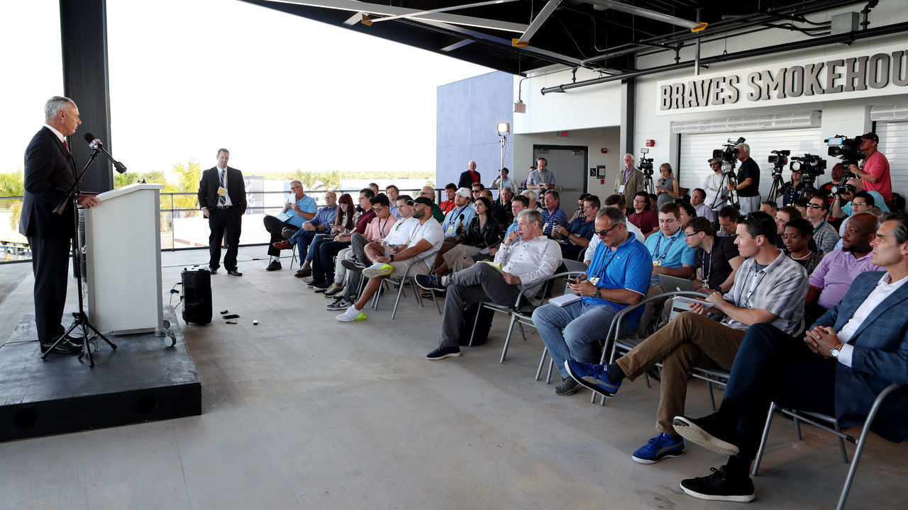 NORTH PORT, FL - FEBRUARY 16: Major League Baseball Robert D. Manfred Jr. talks to the media during the Grape Fruit League Media Availability press conference at CoolToday Park on Monday, February 16, 2020 in North Port, Florida.