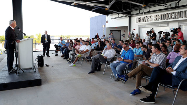 NORTH PORT, FL - FEBRUARY 16: Major League Baseball Robert D. Manfred Jr. talks to the media during the Grape Fruit League Media Availability press conference at CoolToday Park on Monday, February 16, 2020 in North Port, Florida.