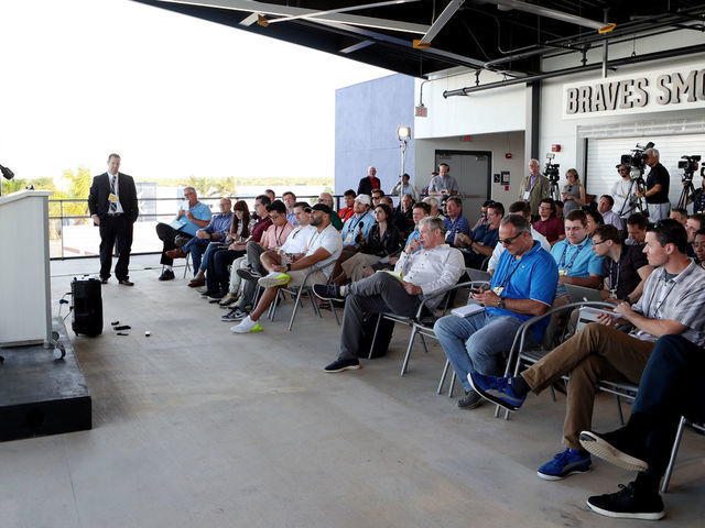 NORTH PORT, FL - FEBRUARY 16: Major League Baseball Robert D. Manfred Jr. talks to the media during the Grape Fruit League Media Availability press conference at CoolToday Park on Monday, February 16, 2020 in North Port, Florida.