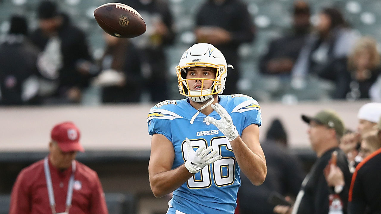 OAKLAND, CALIFORNIA - NOVEMBER 07: Hunter Henry #86 of the Los Angeles Chargers participates in warm ups before the game against the Oakland Raiders at RingCentral Coliseum on November 07, 2019 in Oakland, California.