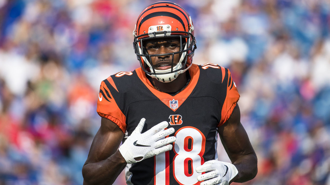 ORCHARD PARK, NY - AUGUST 26: A.J. Green #18 of the Cincinnati Bengals runs to his position during the preseason game against the Buffalo Bills at New Era Field on August 26, 2018 in Orchard Park, New York. Cincinnati defeats Buffalo 26-13 in the preseason matchup.