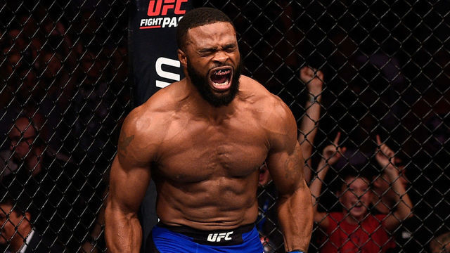 ATLANTA, GA - JULY 30: Tyron Woodley celebrates after knocking out Robbie Lawler in their welterweight championship bout during the UFC 201 event on July 30, 2016 at Philips Arena in Atlanta, Georgia.