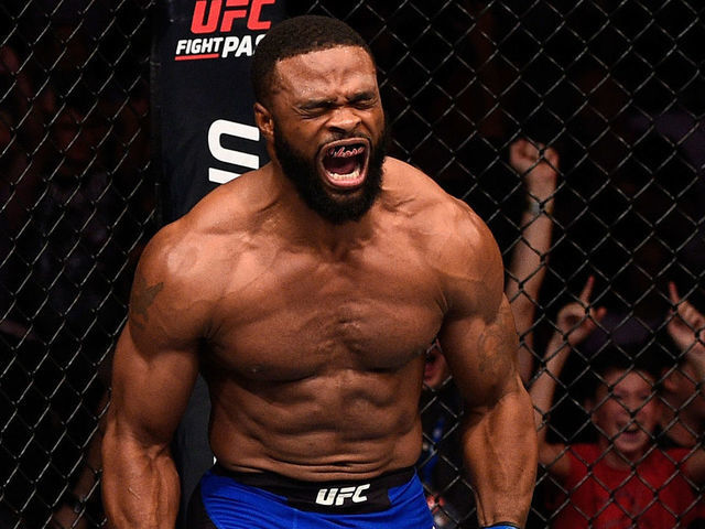 ATLANTA, GA - JULY 30: Tyron Woodley celebrates after knocking out Robbie Lawler in their welterweight championship bout during the UFC 201 event on July 30, 2016 at Philips Arena in Atlanta, Georgia.