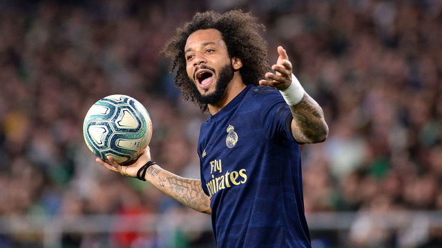 Real Madrid's Brazilian defender Marcelo reacts during the Spanish league football match between Real Betis and Real Madrid CF at the Benito Villamarin stadium in Seville on March 8, 2020.