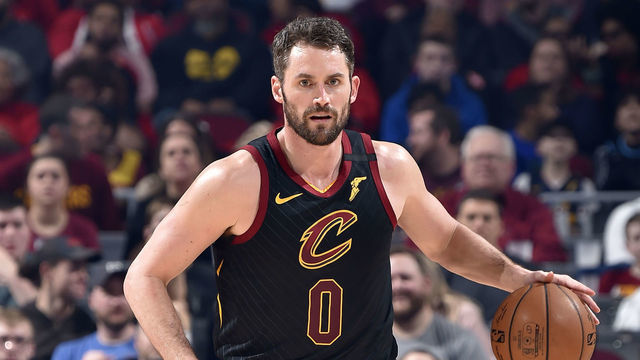 CLEVELAND, OH - MARCH 8: Kevin Love #0 of the Cleveland Cavaliers handles the ball against the San Antonio Spurs on March 8, 2020 at Rocket Mortgage FieldHouse in Cleveland, Ohio. NOTE TO USER: User expressly acknowledges and agrees that, by downloading and/or using this Photograph, user is consenting to the terms and conditions of the Getty Images License Agreement. Mandatory Copyright Notice: Copyright 2020 NBAE