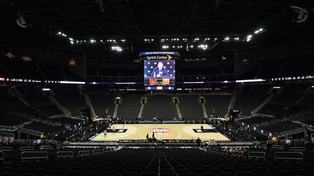 KANSAS CITY, MISSOURI - MARCH 12: Bob Bowlsby's, the commissioner of the Big 12, press conference is displayed on the scoreboard as he announces that Big 12 men's basketball tournament has been canceled due to concerns with the Coronavirus (COVID-19) outbreak at Sprint Center on March 12, 2020 in Kansas City, Missouri.
