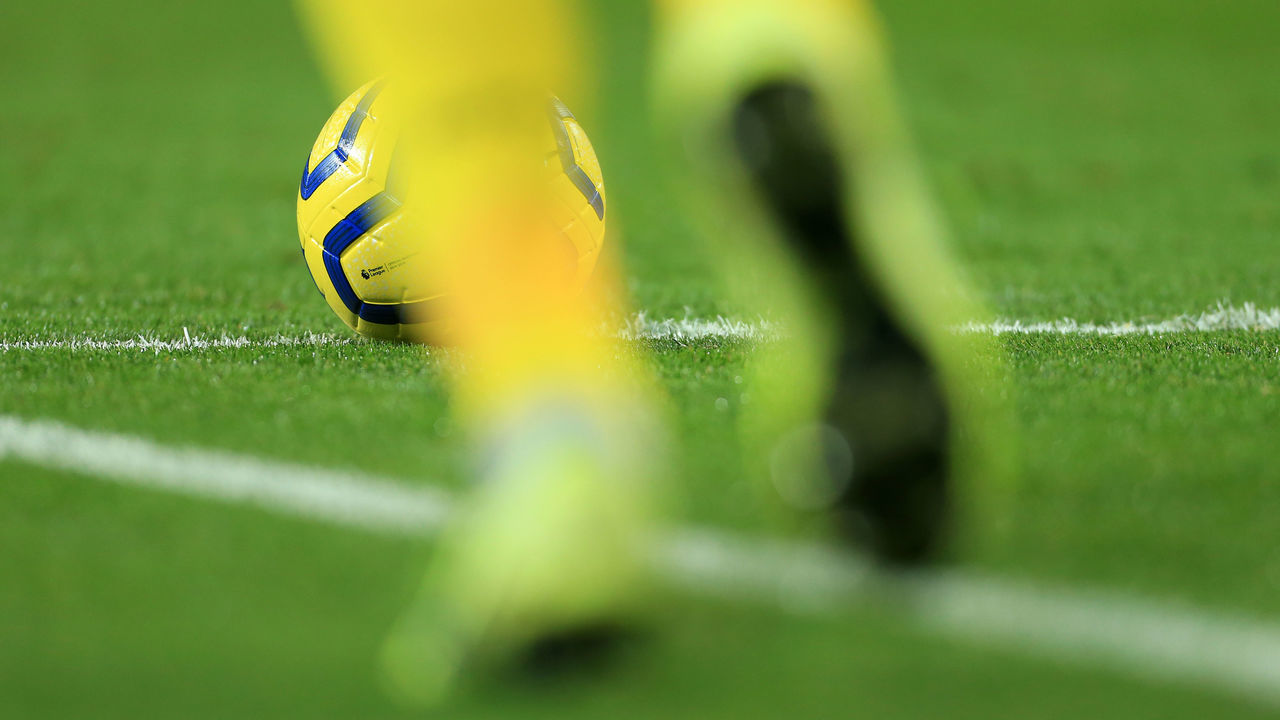MANCHESTER, ENGLAND - JANUARY 22: A general view of the ball being kicked during the Premier League match between Manchester United and Burnley FC at Old Trafford on January 22, 2020 in Manchester, United Kingdom.