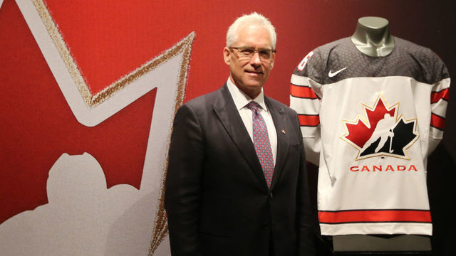 TORONTO, ON- AUGUST 2 - Head of Hockey Canada Thomas "Tom" Renney shows off the new Team Canada Jersey. Rows of Maple Leaf icons fill the jersey's shoulder caps. The jersey also sports the Canada 150 logo. The Jersey is made with ripstop fabric to resist ripping. Nike unveils a new hockey jersey design for the National Team programs leading into the World Cup of Hockey in Toronto. August 2, 2016. (Steve Russell/Toronto Star via Getty Images)