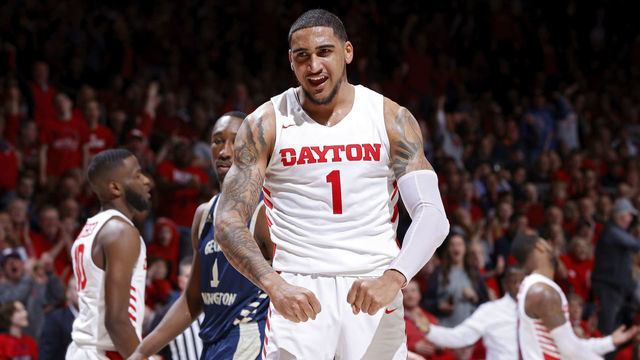 DAYTON, OH - MARCH 07: Obi Toppin #1 of the Dayton Flyers reacts after a dunk in the second half of a game against the George Washington Colonials at UD Arena on March 7, 2020 in Dayton, Ohio. Dayton defeated George Washington 76-51.