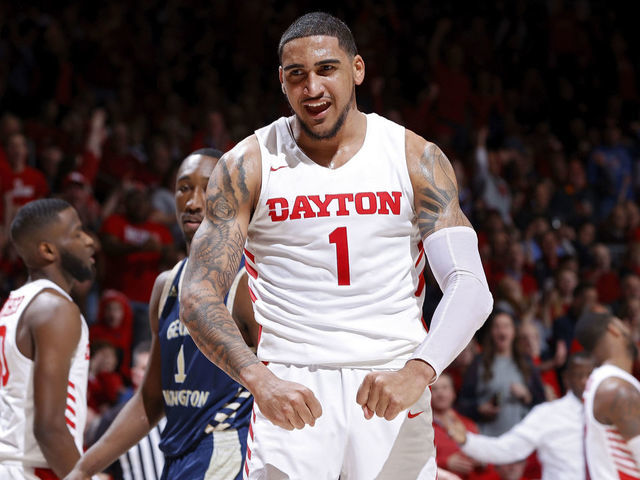 DAYTON, OH - MARCH 07: Obi Toppin #1 of the Dayton Flyers reacts after a dunk in the second half of a game against the George Washington Colonials at UD Arena on March 7, 2020 in Dayton, Ohio. Dayton defeated George Washington 76-51.