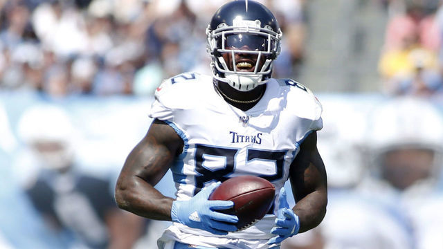 NASHVILLE, TN - SEPTEMBER 15: Tennessee Titans tight end Delanie Walker (82) celebrates a catch during a game between the Tennessee Titans and Indianapolis Colts, September 15, 2019, at Nissan Stadium in Nashville, Tennessee.